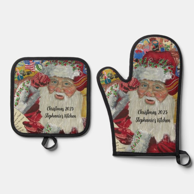 Santa Claus Personalised Name Christmas 2025 Oven Mitt & Pot Holder Set (Front)
