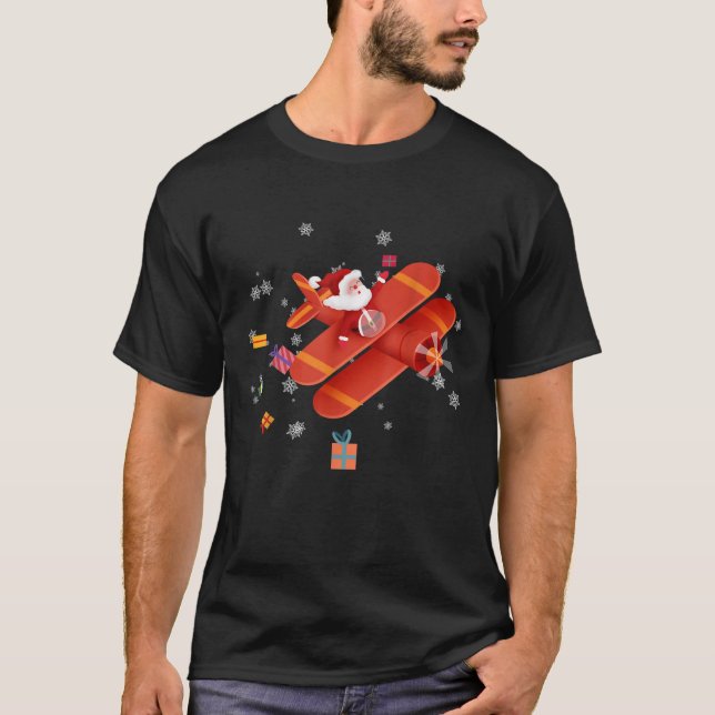Santa Claus Pilot Flying Aeroplane Merry Christmas T-Shirt (Front)