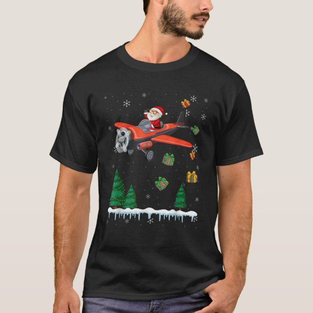 Santa Claus Pilot Flying Aeroplane Merry Christmas T-Shirt (Front)