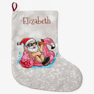 Santa Claus,Pink Flamings,Glittery Bokeh  Large Christmas Stocking