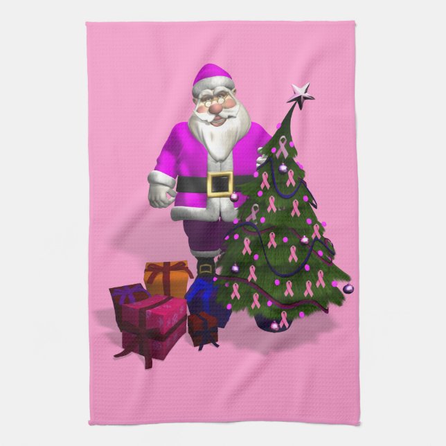 Santa Claus Pink Ribbons Tea Towel (Vertical)