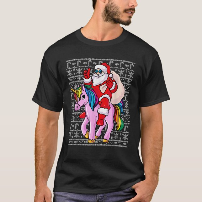 Santa Claus Pink Unicorn Girls Womens Ugly Christm T-Shirt (Front)