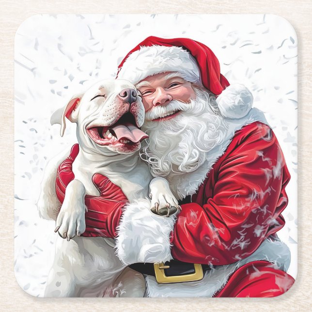 Santa Claus & Pitbull Puppy Dog, Paper Plate Square Paper Coaster (Front)