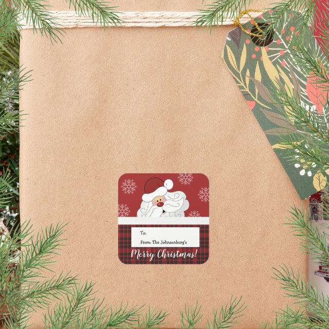 Santa Claus Plaid Square Holiday Christmas Tag (Santa Claus Christmas Gift Tag Sticker )