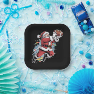 Santa Claus Playing American Football Christmas  Paper Plate