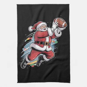 Santa Claus Playing American Football Christmas Tea Towel