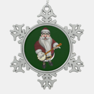 Santa Claus Playing Banjo Snowflake Pewter Christmas Ornament