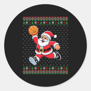 Santa Claus Playing Basketball Ugly Christmas Men  Classic Round Sticker