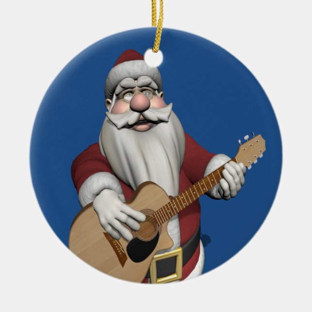 Santa Claus Playing Christmas Songs On His Guitar Ceramic Tree Decoration (Front)