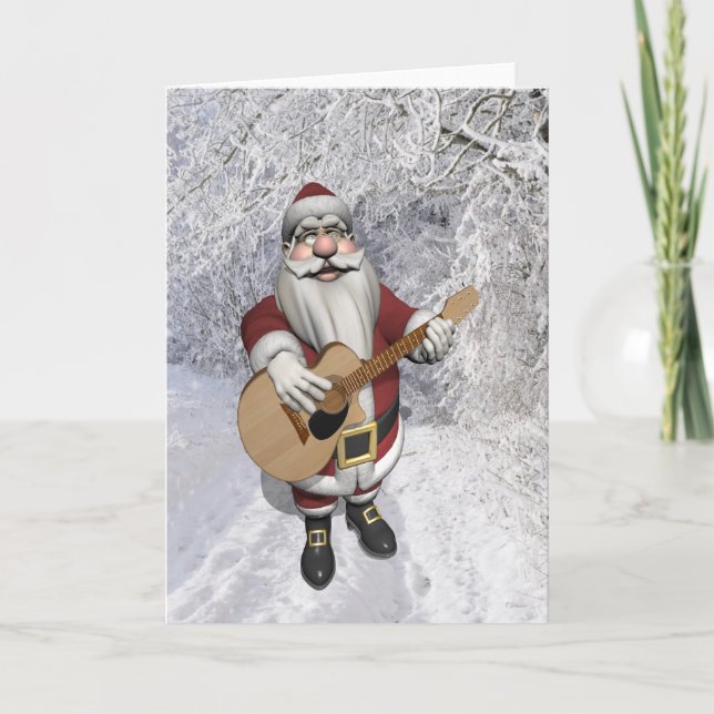 Santa Claus Playing Christmas Songs On His Guitar Holiday Card (Front)