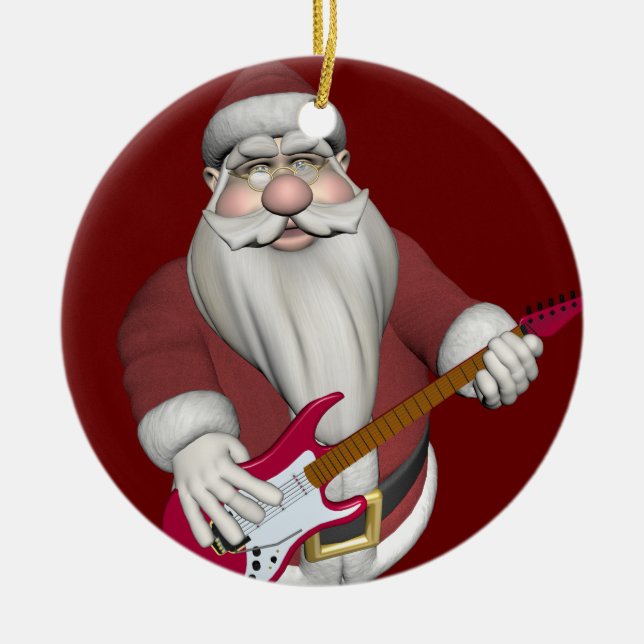 Santa Claus Playing Electric Guitar Ceramic Tree Decoration (Front)