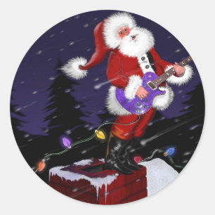 Santa Claus Playing Electric Guitar Classic Round Sticker