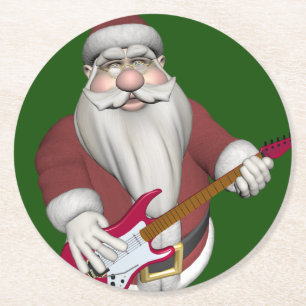 Santa Claus Playing Electric Guitar Round Paper Coaster
