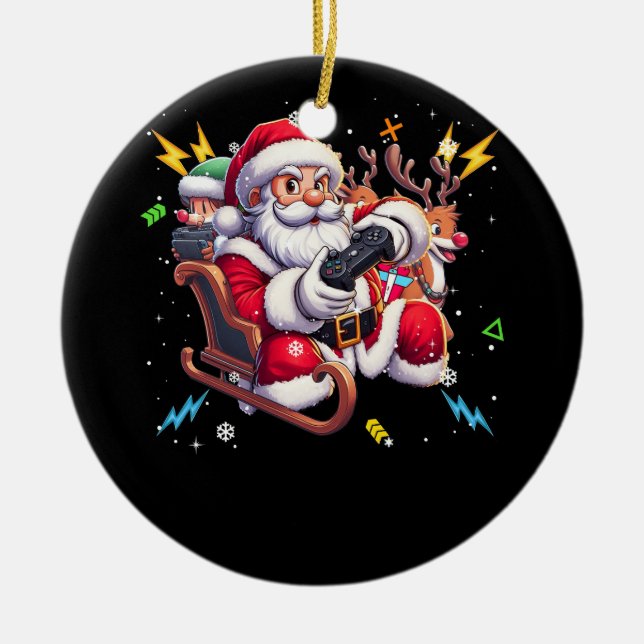 Santa Claus Playing Game Christmas Gamer Video Gam Ceramic Tree Decoration (Front)