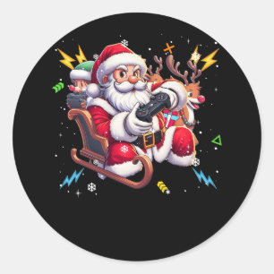 Santa Claus Playing Game Christmas Gamer Video Gam Classic Round Sticker