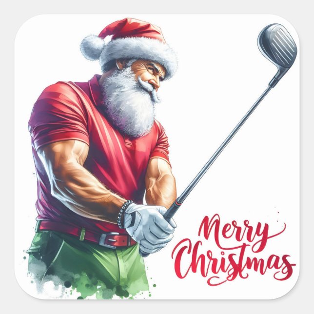 Santa Claus Playing Golf During the Holiday Season Square Sticker (Front)