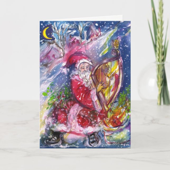 SANTA CLAUS PLAYING HARP Christmas Night Music Holiday Card (Front)