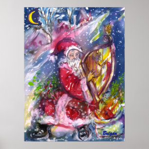 SANTA CLAUS PLAYING HARP IN MOONLIGHT Christmas Poster