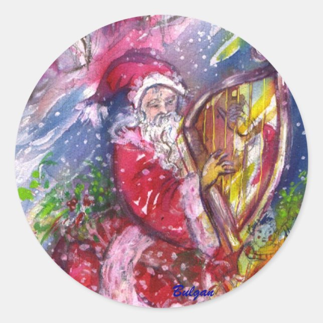 SANTA CLAUS PLAYING HARP IN THE MOONLIGHT CLASSIC ROUND STICKER (Front)