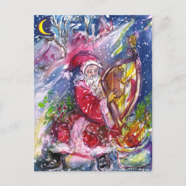 SANTA CLAUS PLAYING HARP IN THE MOONLIGHT HOLIDAY POSTCARD (Front)