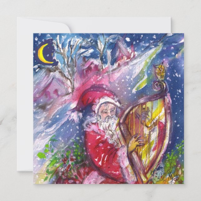 SANTA CLAUS PLAYING HARP  MUSICAL CHRISTMAS PARTY INVITATION (Front)