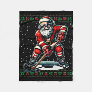 Santa Claus Playing Hockey Ugly Christmas Sweater Fleece Blanket