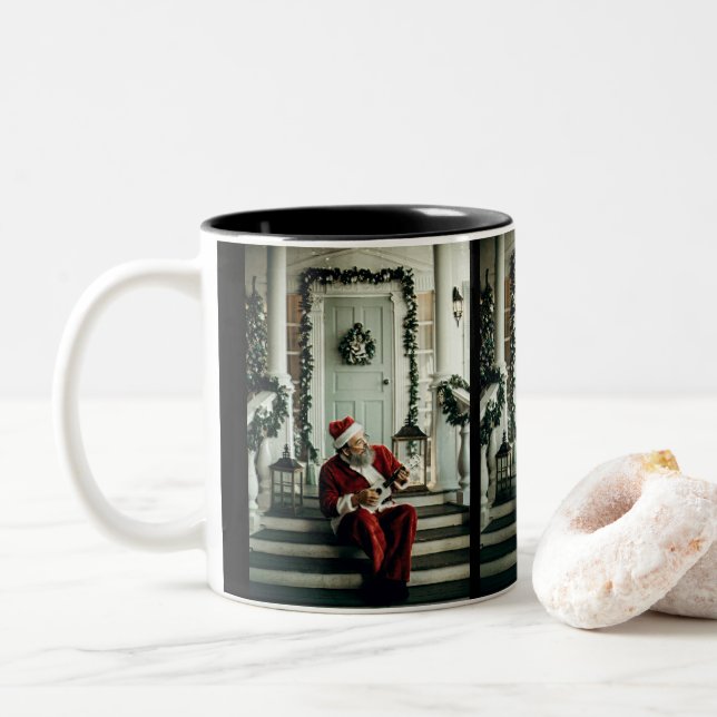 Santa Claus Playing Music Two-Tone Coffee Mug (With Donut)