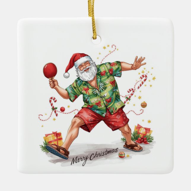 Santa Claus playing ping pong in a Hawaiian shirt Ceramic Ornament (Front)