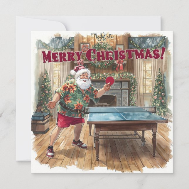 Santa Claus playing ping pong in a Hawaiian shirt Holiday Card (Front)