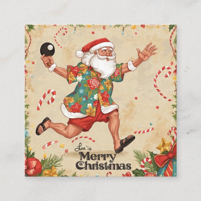 Santa Claus playing ping pong in a Hawaiian shirt Square Business Card (Front)
