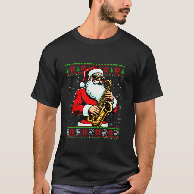 Santa Claus playing Saxophone Ugly Christmas Sweat T-Shirt (Front)