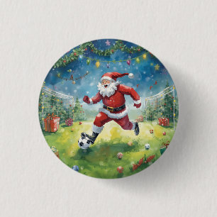 Santa Claus playing Soccer Christmas field  3 Cm Round Badge