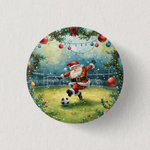 Santa Claus playing Soccer Christmas field 3 Cm Round Badge