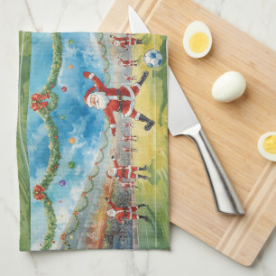 Santa Claus playing Soccer Christmas Tea Towel