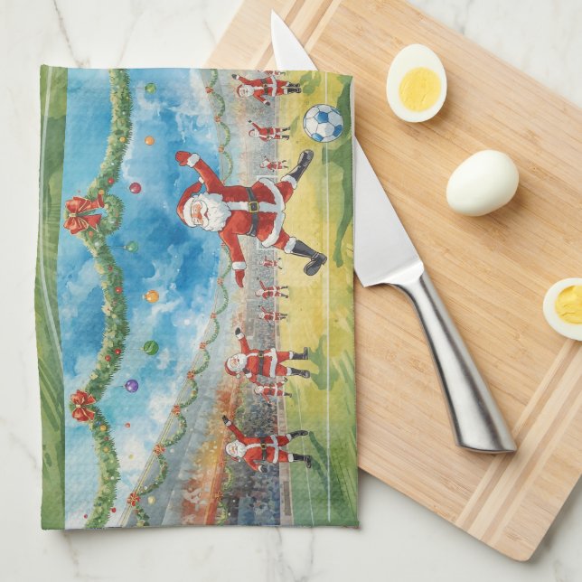 Santa Claus playing Soccer Christmas  Tea Towel (Quarter Fold)