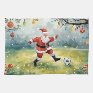 Santa Claus playing Soccer Christmas  Tea Towel