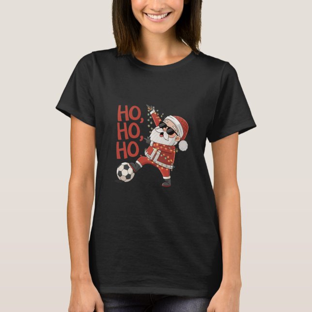 Santa Claus playing soccer with Christmas lights T-Shirt (Front)