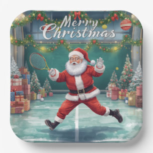 Santa Claus playing tennis on Christmas Holiday  Paper Plate