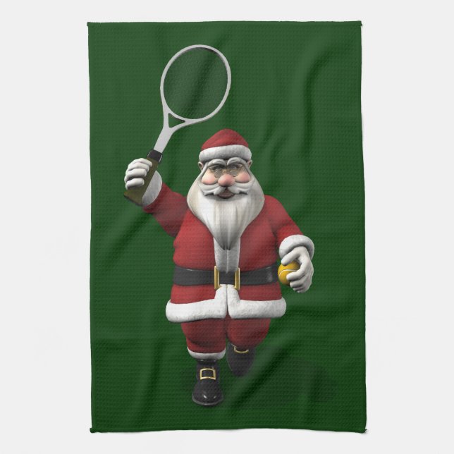Santa Claus Playing Tennis Tea Towel (Vertical)