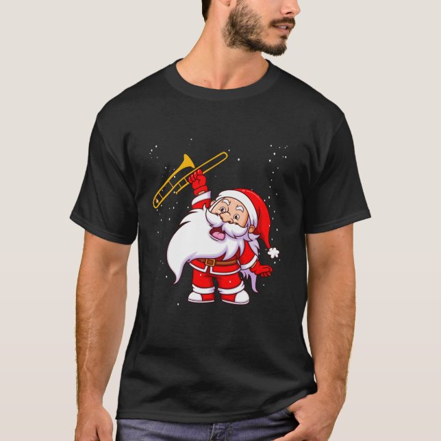 Santa Claus Playing Trombone Funny Christmas Tromb T-Shirt (Front)