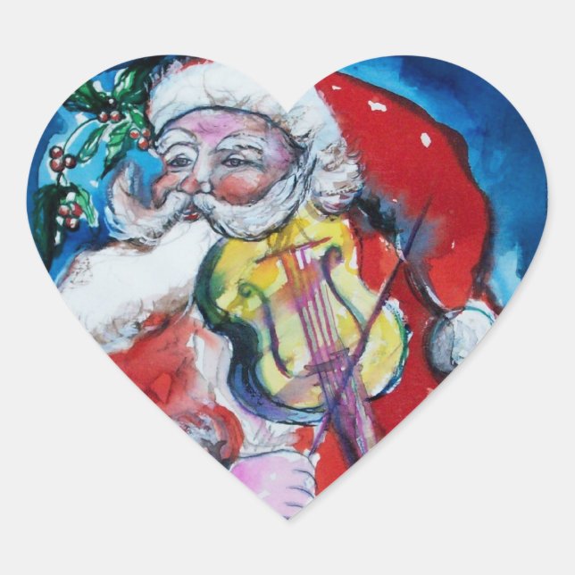 SANTA CLAUS PLAYING VIOLIN Christmas Party Heart Sticker (Front)