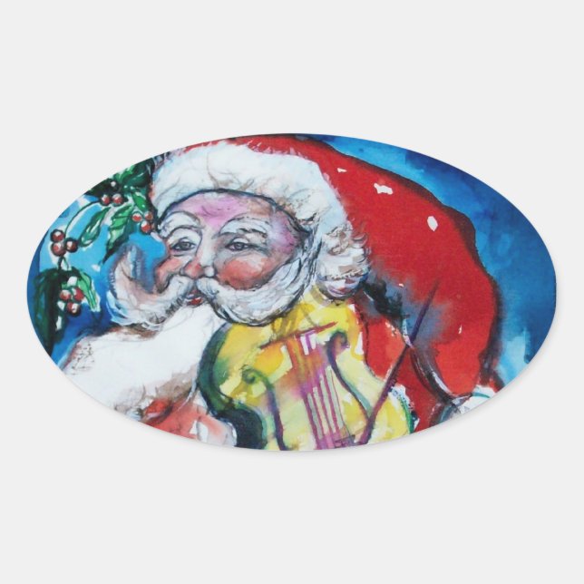 SANTA CLAUS PLAYING VIOLIN Christmas Party Oval Sticker (Front)