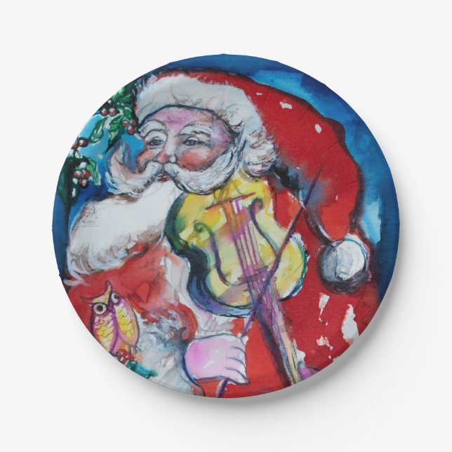 SANTA CLAUS PLAYING VIOLIN Christmas Party Paper Plate (Front)