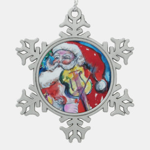 SANTA CLAUS PLAYING VIOLIN Musical Christmas Snowflake Pewter Christmas Ornament