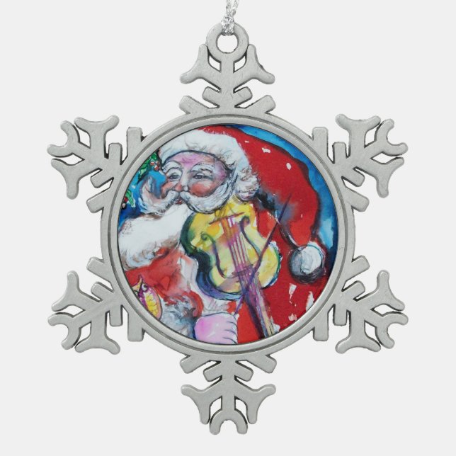 SANTA CLAUS PLAYING VIOLIN Musical Christmas Snowflake Pewter Christmas Ornament (Front)