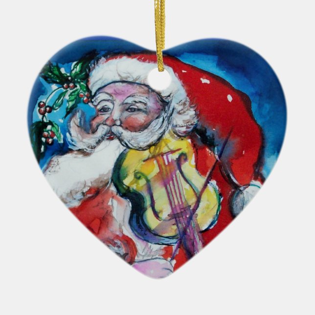 SANTA CLAUS PLAYING VIOLIN Red Ruby Heart Ceramic Tree Decoration (Front)