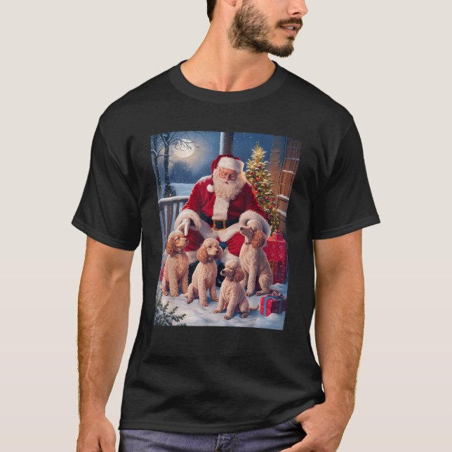 Santa Claus Playing With Pack of Poodles Dog Owner T-Shirt (Front)