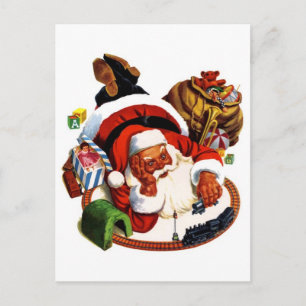 Santa Claus Playing With Trains Holiday Postcard