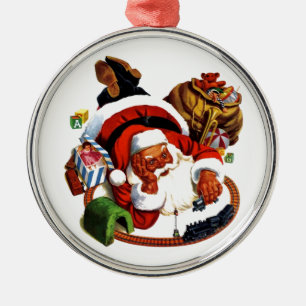 Santa Claus Playing With Trains Metal Tree Decoration
