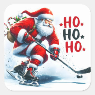 Santa Claus Plays Hockey on an Ice Rink in Winter Square Sticker